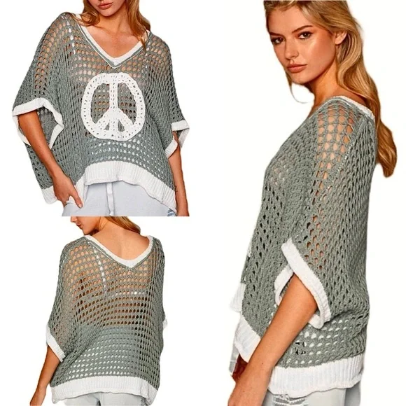 Open Crochet Oversized Peace Sign Shirt Women's Green Knit Top New w/ Tags Sz L - Picture 3 of 16